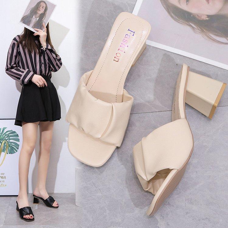 Women's Summer Clip On High Thick Heel Slippers Casual Square Toe Solid Color Outerwear Sandals 5.5cm 35-42