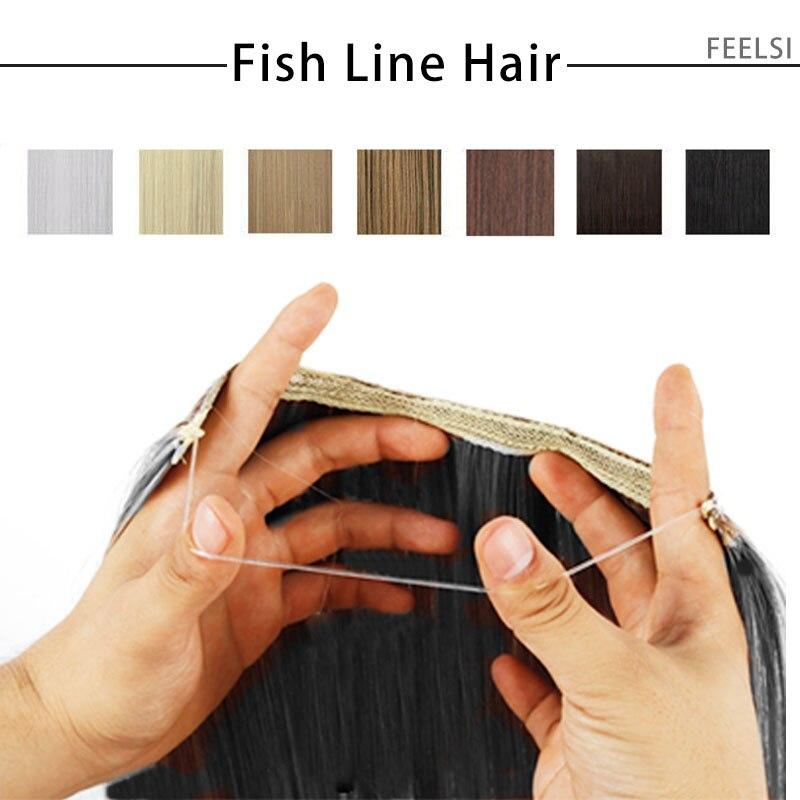 24" Invisible Wire No Clips In Hair Extensions Secret Fish Line Hairpieces Synthetic Wavy Straight Hair Extensions