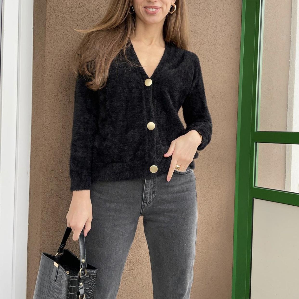 Элегантный длинный рукав мохеровый свитер женский новый однобортный женский короткий кардиган мягкий гибкий трикотажный пиджак S чёрный 2567₽