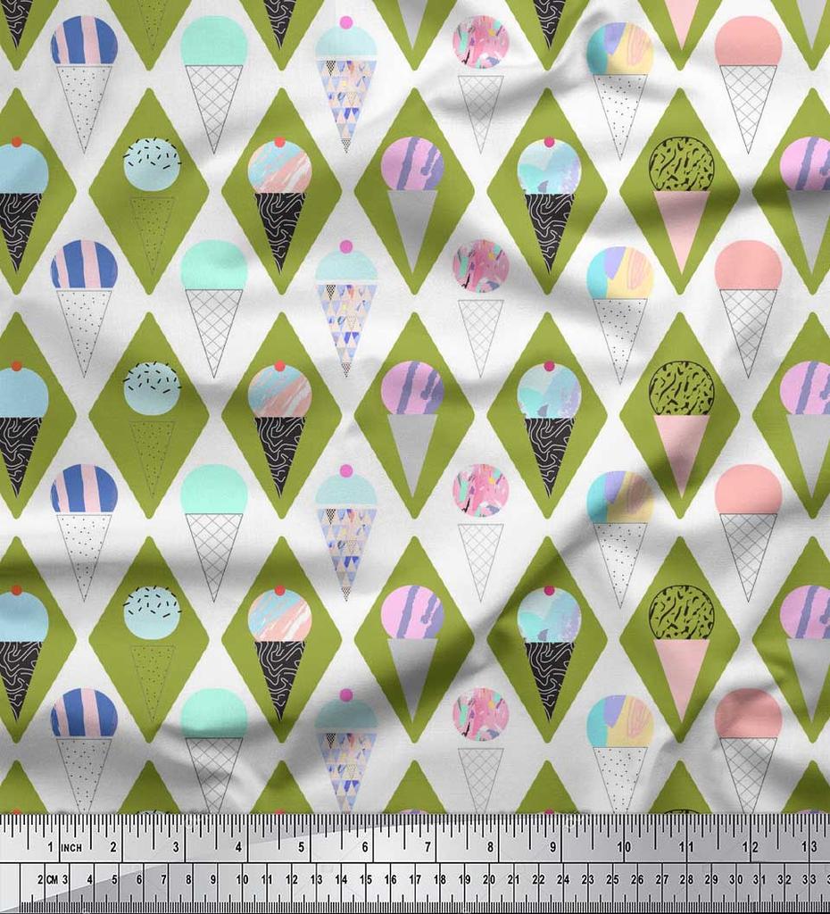Soimoi Blue Japan Crepe Satin Fabric Diamond & Ice Cream Cone Food Print Fabric by the Metre 42 Inch
