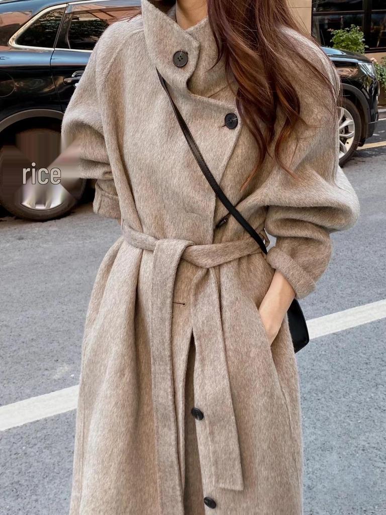 Women's Korean Style Stand-Up Collar Double-Sided Cashmere Wool Coat, Single-Breasted, High-End for Autumn/Winter 2025