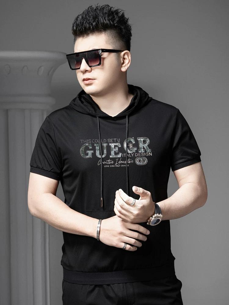 European Style 2025 Summer New Hooded Short-Sleeve T-Shirt for Men, Trendy Brand with Gold Print, Slim Fit Casual Half-Sleeve Sweatshirt