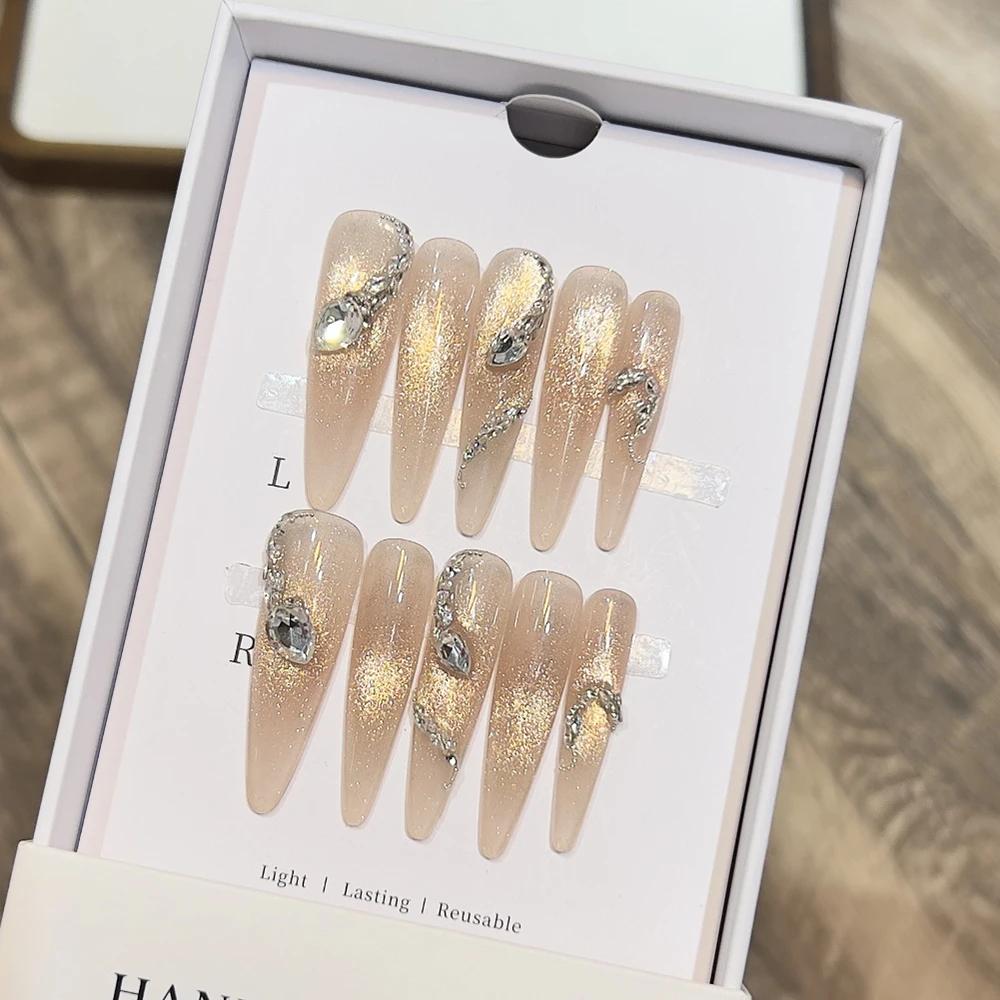 10Pcs Handmade Cat Eye Gradient Long Coffin Stiletto Press On Nails With Glitter Diamond Pearl Flower Bowknot Decorations