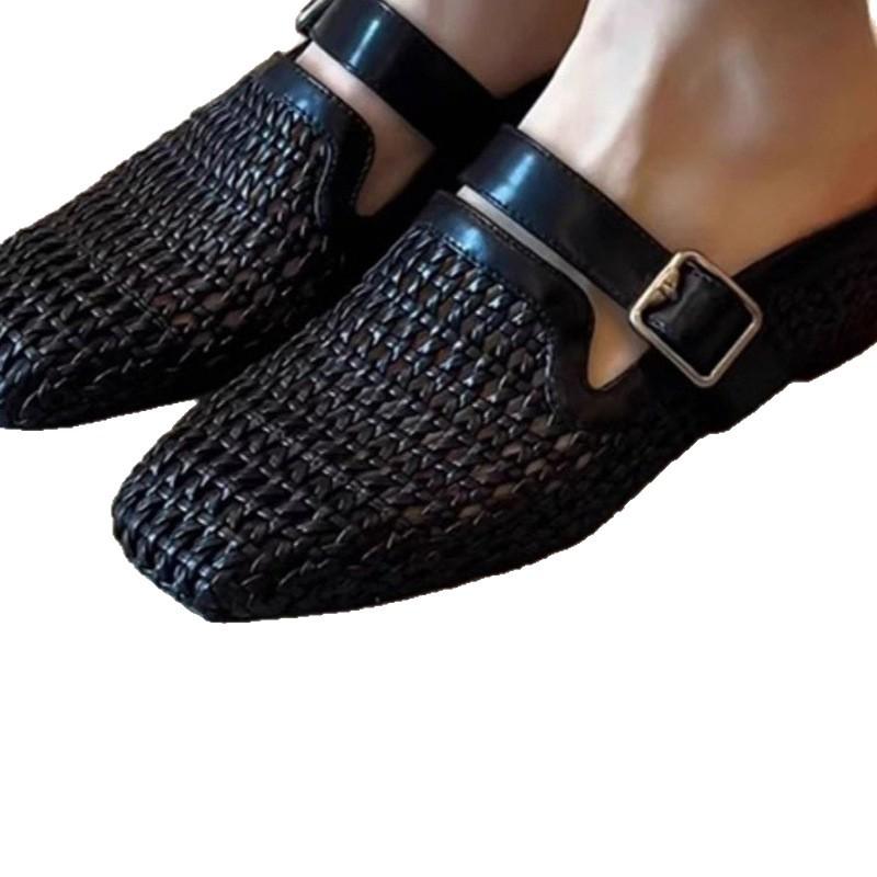 Women's Fashion Hollow Woven Slope Heel Muller Shoes Belt Buckle Design Breathable Half Slippers Comfortable Sandals