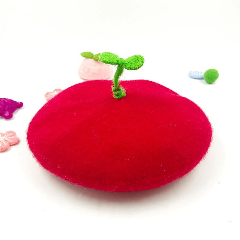 Women's Beret Handmade DIY Fruit Green Apple Painter Hat Cute Girl Little Leaf Woolen Hat Autumn and Winter Outdoor Warm Beanie