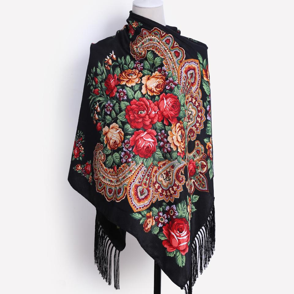 Ethnisch Stil Blumenmuster Russischer Schal Damen Luxus Blumenbedrucktes Bandana Strandtücher Retro Fransen Winter Pashmina Schal