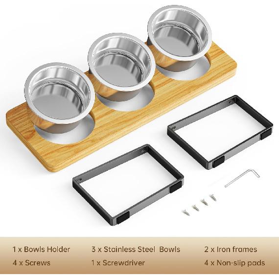 Elevated Cat Bowls with 3 Stainless Steel Bowls | 10° Tilted Anti-Vomiting Raised Cat Food Bowl for Small Cats and Puppies Pet Bowl with Stand