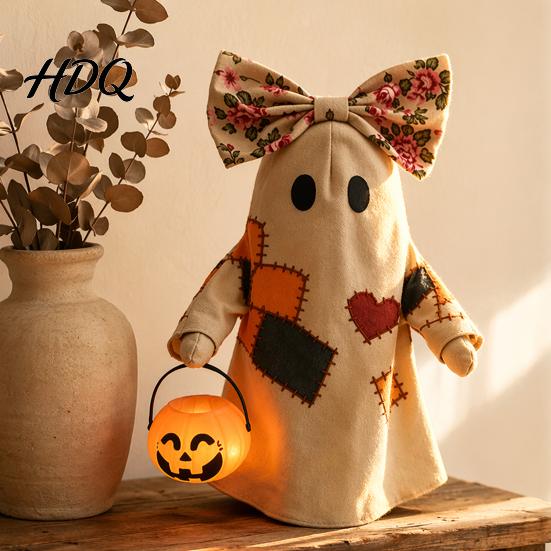 Soft Illuminated Ghost Statue Lighted Vintage Patchwork Ghost Halloween Light Up Quilted
