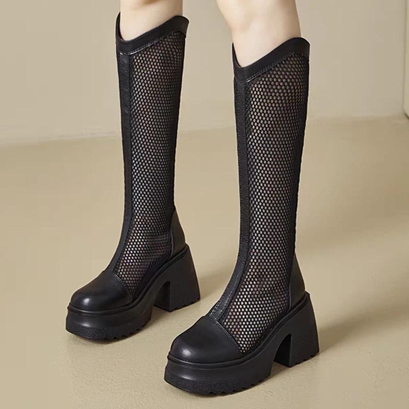 

Модные Сексуальные Сетчатые Ажурные Ботинки Женские Лето 2025 Однотонные Размер Молния До середины икры Ботинки для Женщин Модные Туфли на Платформе с Круглым Носком Леди 40 чёрный