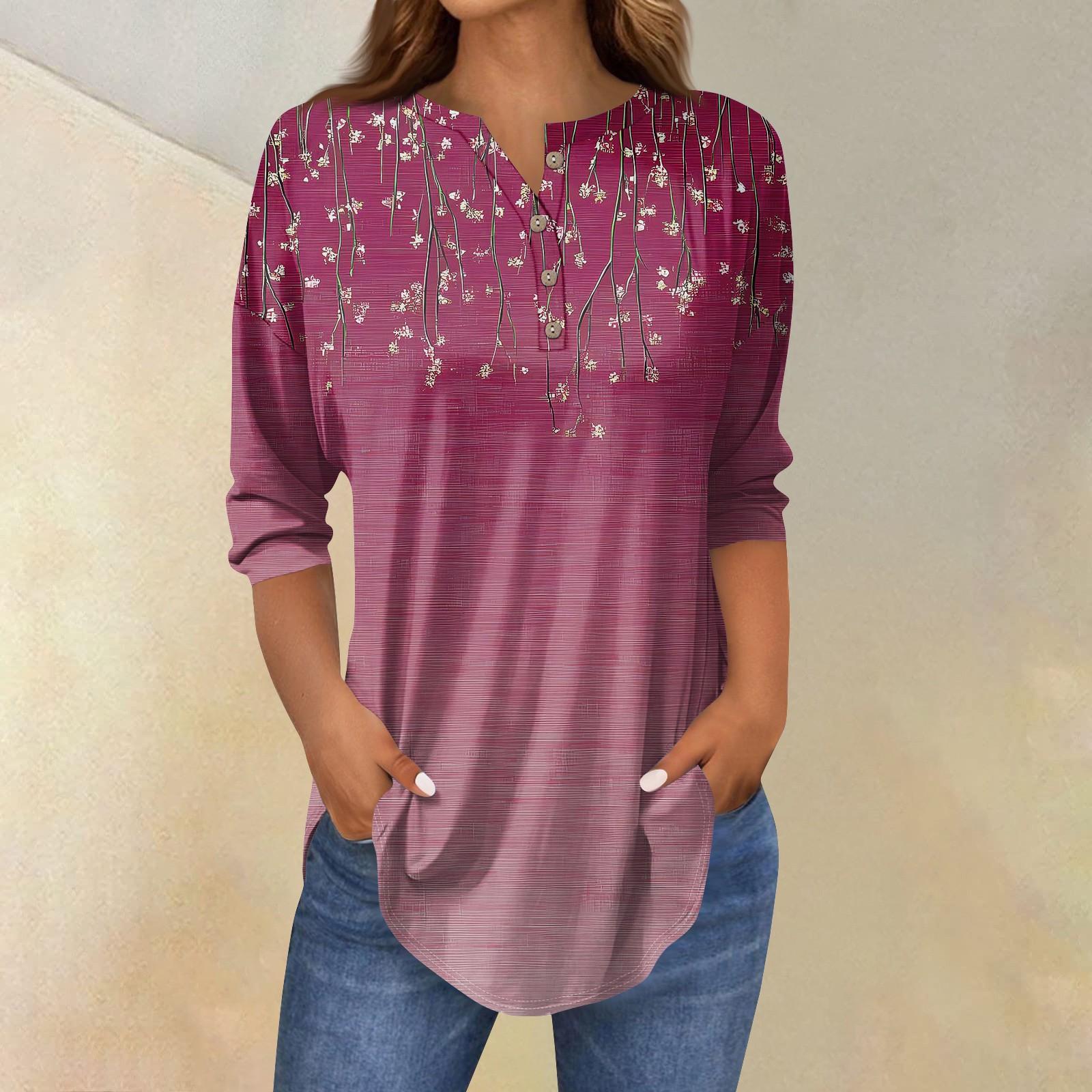 

Рубашки с рукавом 3/4 для женщин, модные, повседневные, с круглым вырезом, с принтом, футболка, топ XL розовый