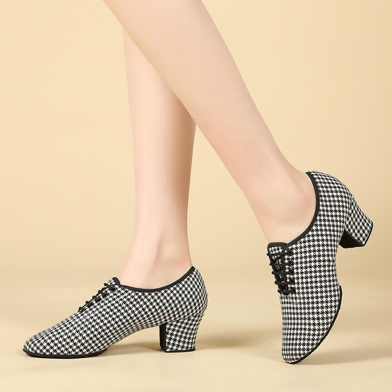 Adult Mid-Heel Soft Sole Dance Shoes: Houndstooth Pattern for Ballroom, Modern, Latin, and Cha-Cha Performances
