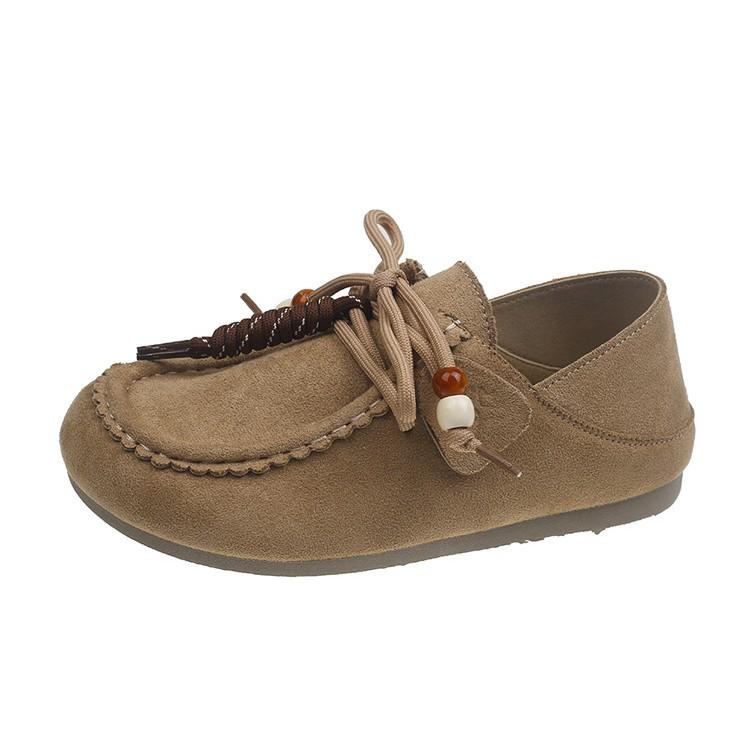2025 autumn new flat-bottomed casual beanie shoes female kangaroo lace-up comfortable two wear suede loafers single shoes