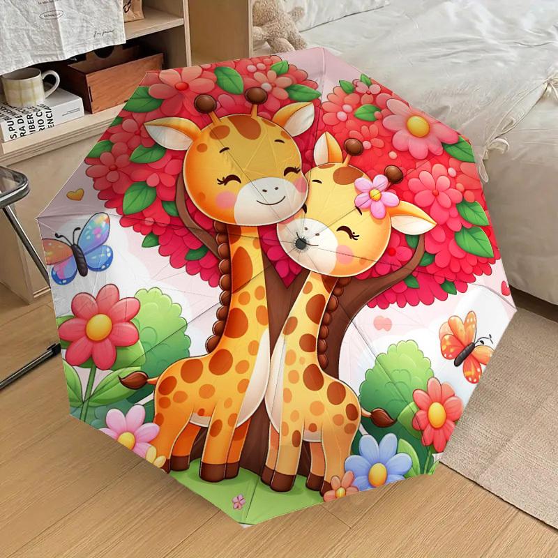 1pc Giraffe Love Automatic Open/Close Umbrella Compact Folding Umbrella with 8-Rib Shaft for Women/Men, Portable Travel Umbrella,1144S