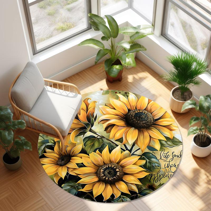 Sunflower Round Carpet Retro Farmhouse Home Decor Carpet Living Room Bedroom Floor Decor Mat Soft Non-slip Circle Rug