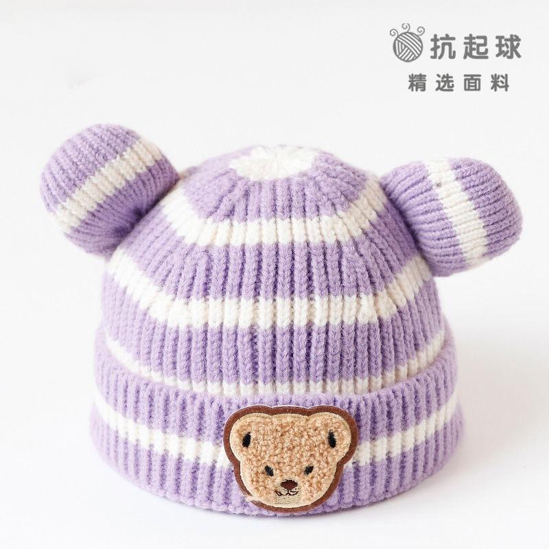 Baby autumn and winter children's knitted hats male and female baby striped bear head wool hat curled edge melon rind warm hat