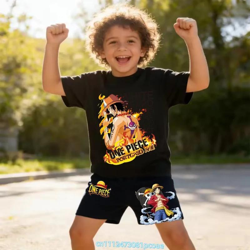Children's Polyester Short-sleeved Shorts Set with "One Piece" Cartoon Print Boy's Sports Shirt for Summer T-shirt Set of 2 Pieces