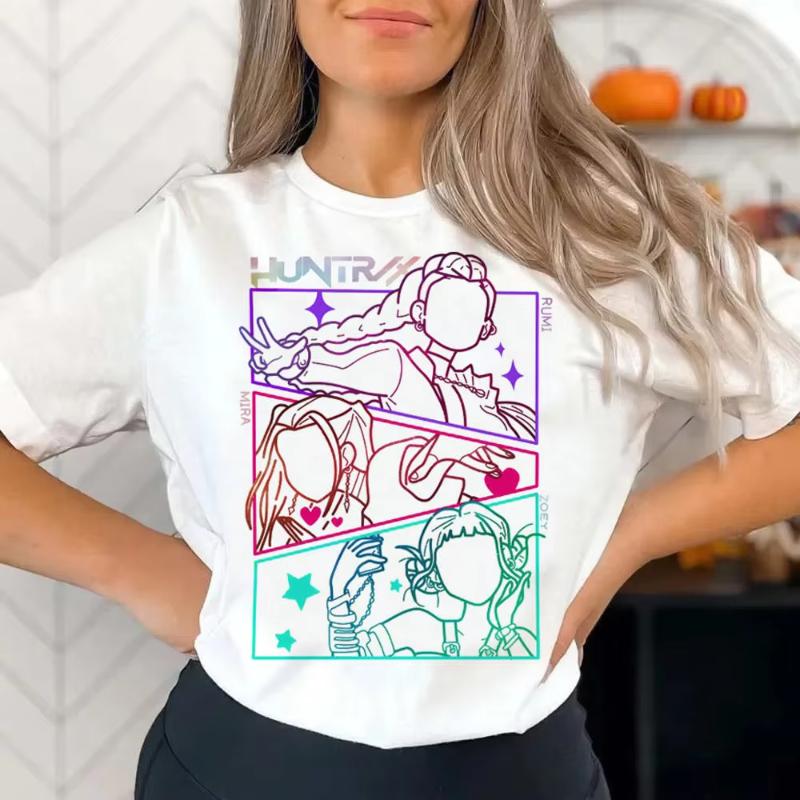 Huntrix Girls Kpop Demon Hunters Two-sided Shirt Anime Style Shirt Summer Rumi Mira Zoey Girl for Men Women Kids Family Clothing