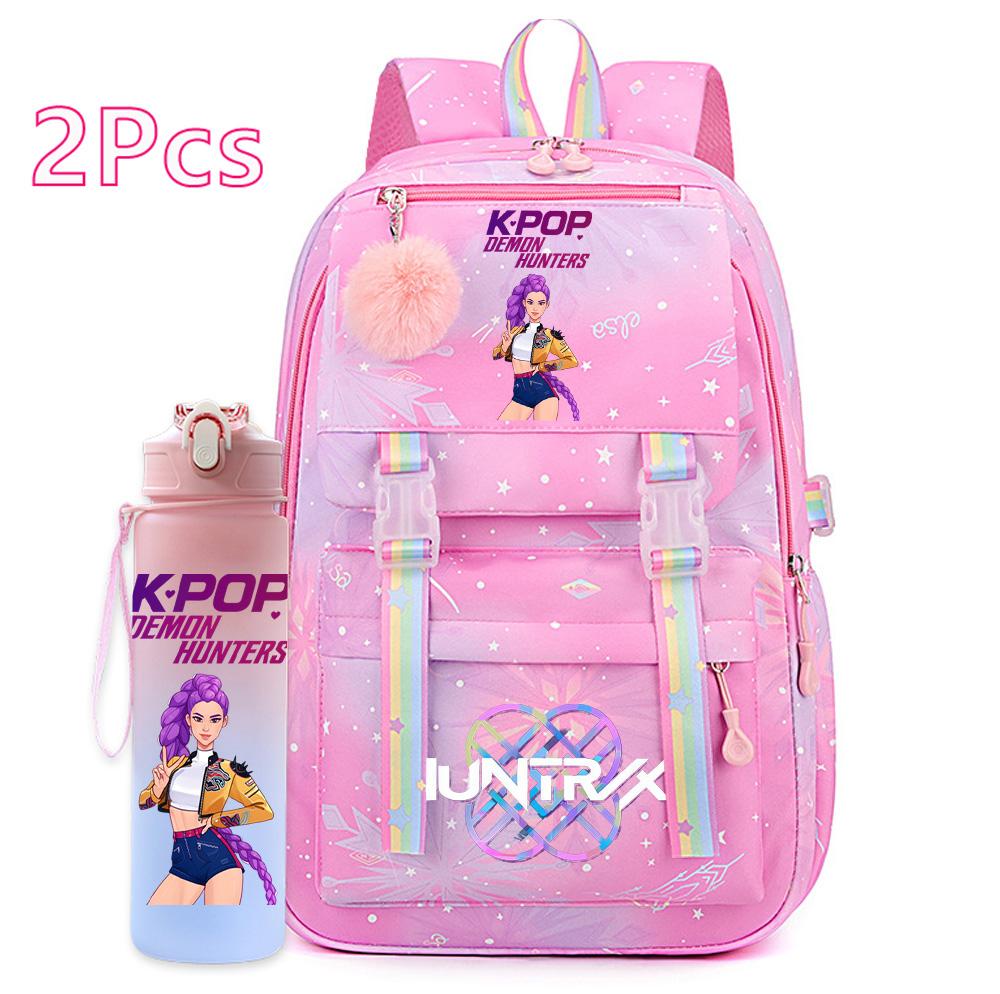 2Pcs/set Cartoon Kpop Printed Backpack with 750Ml Water Bottler for Teenager Girl Boy Bookbag Kid Gift Large Capacity Travel Bag Mochila