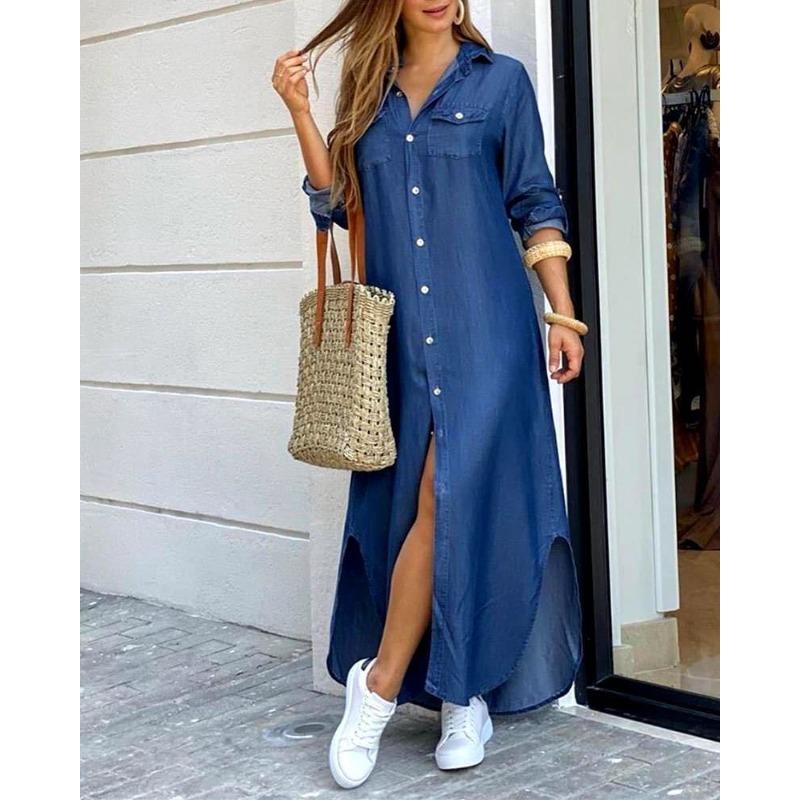 Women's Spring/Autumn Fashion: Sensual Single-Breasted Button-Down Shirt Dress Loose-Fitting Polo Neck Dress
