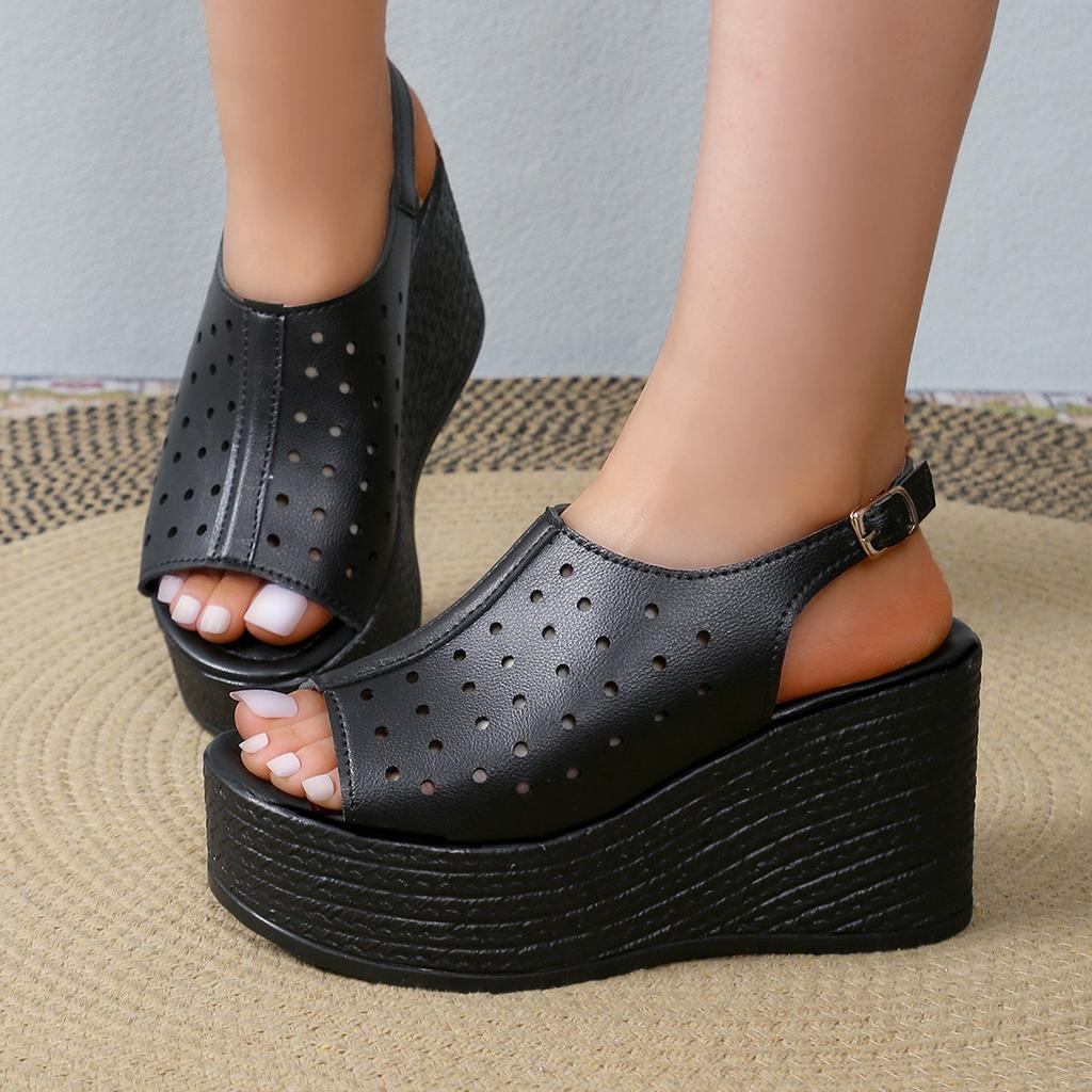Fashion Aphixta Fashion Woman Black Sandals Side Buckle Peep Toe Women Summer Hollow Shoes Platform Sandal Lady Wedge Shoes Big Size 43