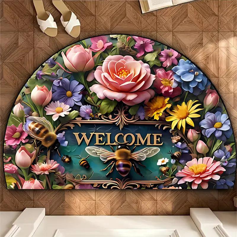 Semi-Circular Floral Flannel Carpet Soft Non-Slip Kitchen Carpet Indoor Outdoor Entrance Door Mat Home Decor