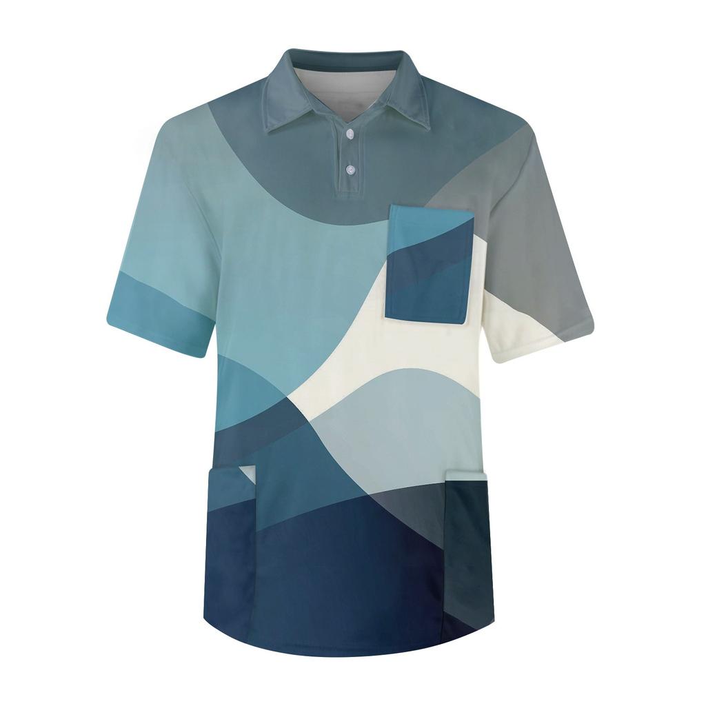 Men's Short Sleeve Button Lapel Solid Color Chest Pocket Dry-nurse Top