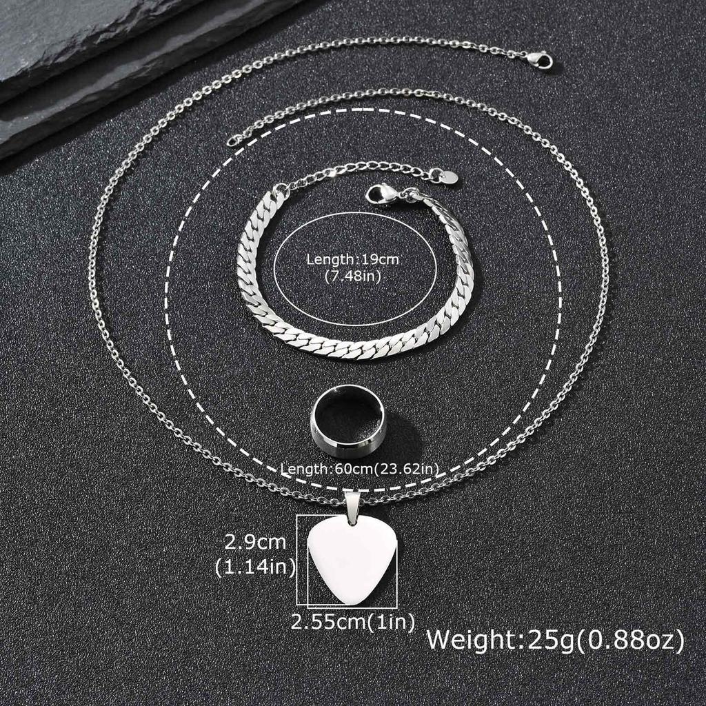 Vnox Men's 3pcs Stainless Steel Jewelry Set, Guitar Pick Pendant Necklace Classic Plain Ring Cuban Chain Bracelets Jewelry Set
