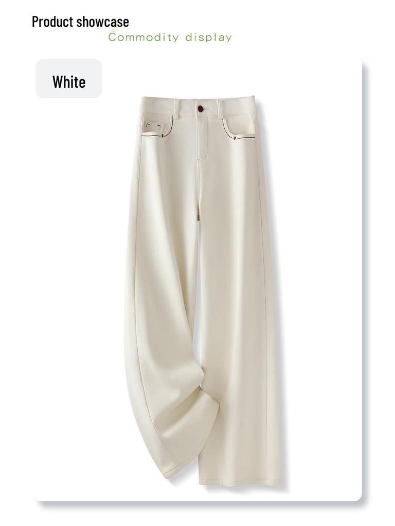 Women's Beige Fleece-Lined Jeans: Fall/Winter 2024 High-Waisted Slimming Pants, Narrow, Wide, Loose & Straight-Leg Styles