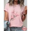 National Style Pink Plum Blossom Branch Print Women'S T-Shirt, New Chinese Literary Short Sleeve, Gentle Temperament Versatile Casual Top