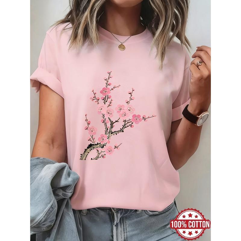 National Style Pink Plum Blossom Branch Print Women'S T-Shirt, New Chinese Literary Short Sleeve, Gentle Temperament Versatile Casual Top