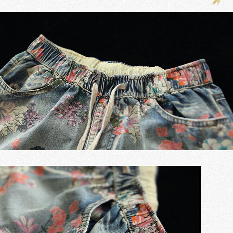 Ladies Denim Shorts Ethnic Print High Waist Women's Loose All-match Elastic Waist Streetwear Summer