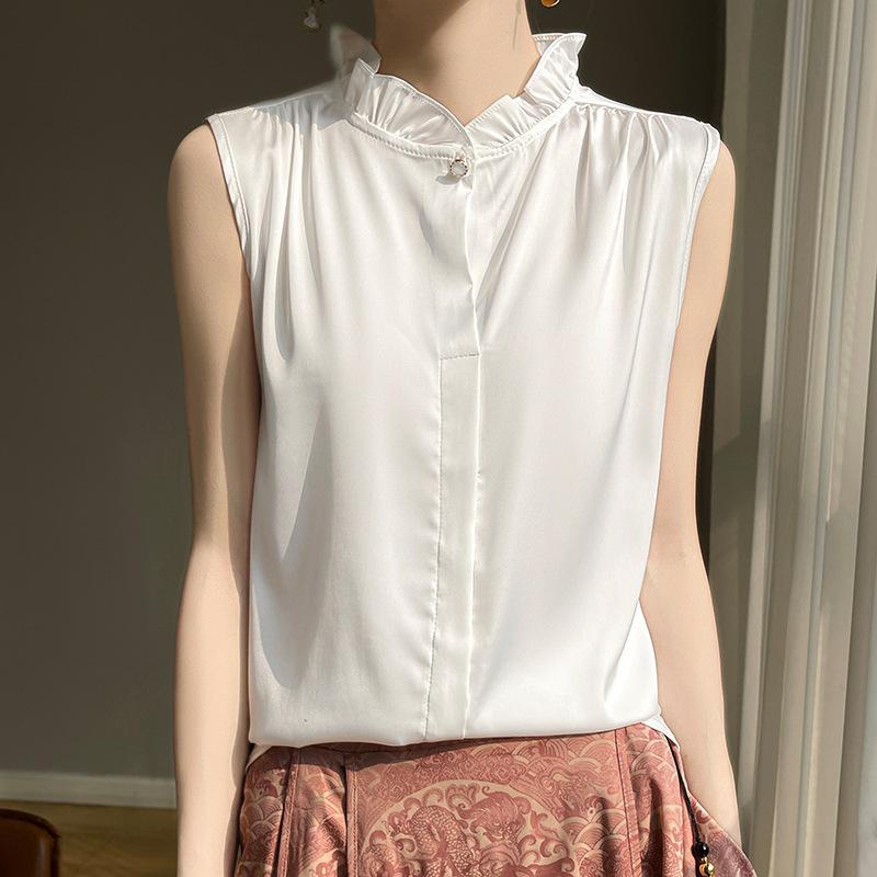 Wood Ear Lace Collar Silky Satin Sleeveless Slimming Vest for Women - Spring/Summer Temperament Shirt