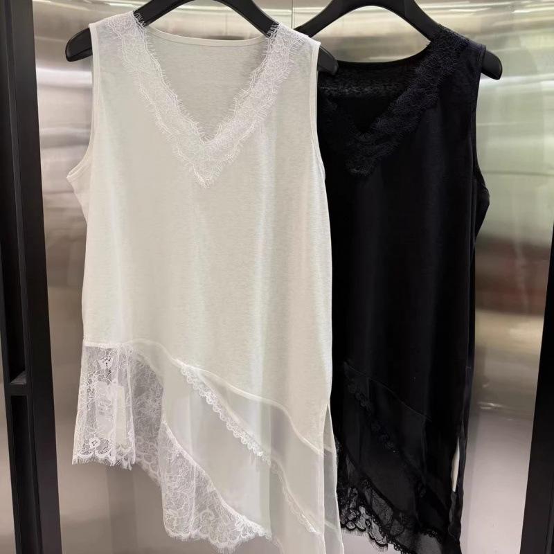 2026 Early Spring Lace Patchwork V-neck Irregular Long Vest Women s Sleeveless Layering Top L