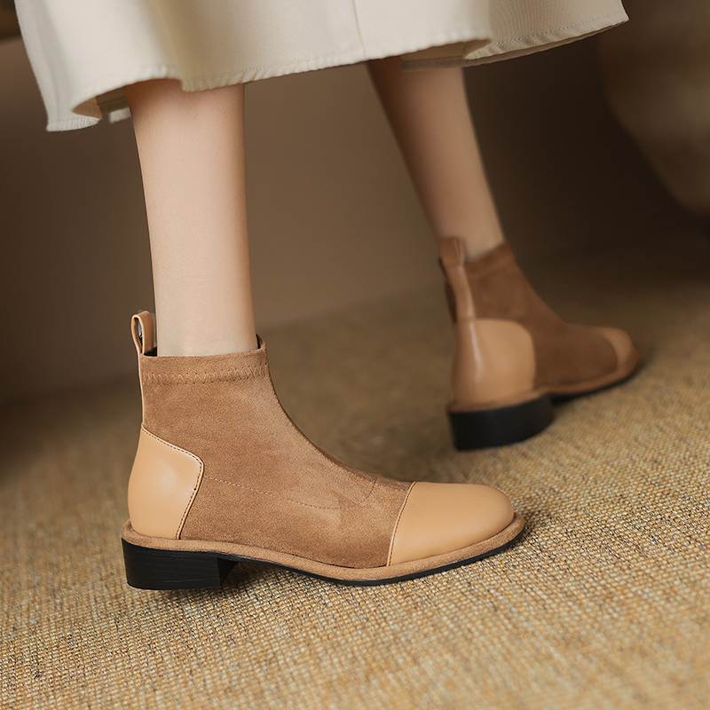 Krazing Pot Flock Autumn Winter Shoes Low Heels Size 43 Stretch Boots Back Patch Work Street Wear Elastic Ankle Boots