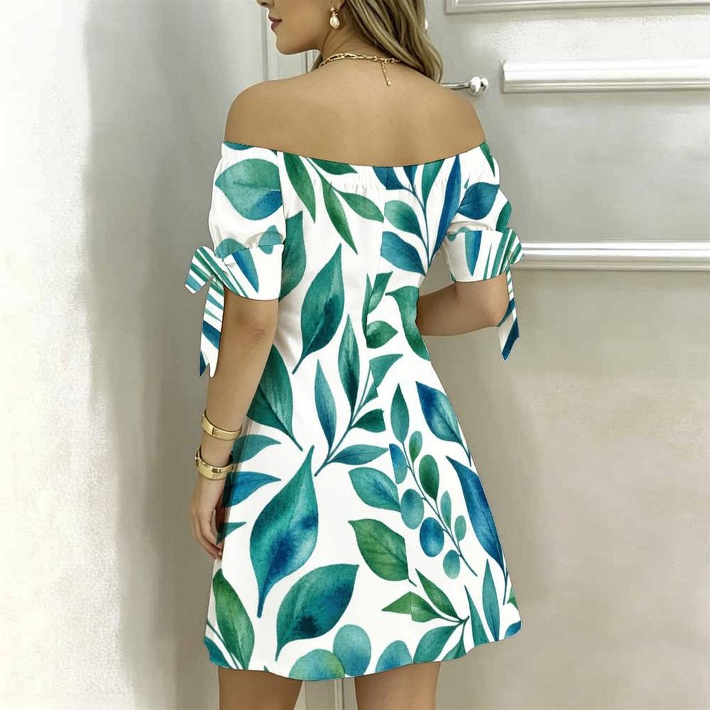 Women Plus Size Off Shoulder Tie Cuff Short Sleeve Floral Printed A Line Dress