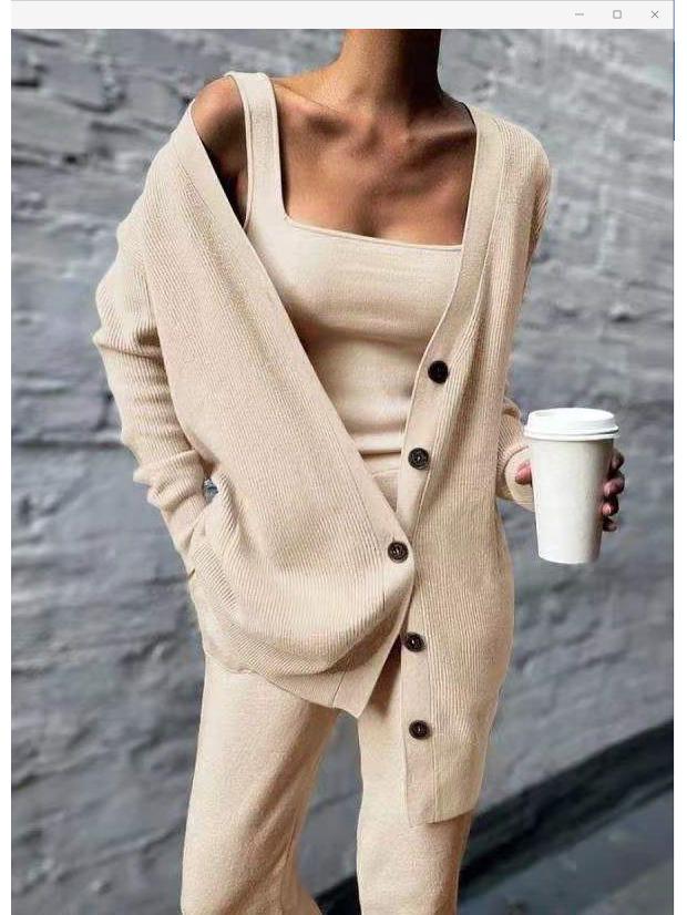 2023 Women's Long-Sleeve Solid Color Knitted Three-Piece Suit