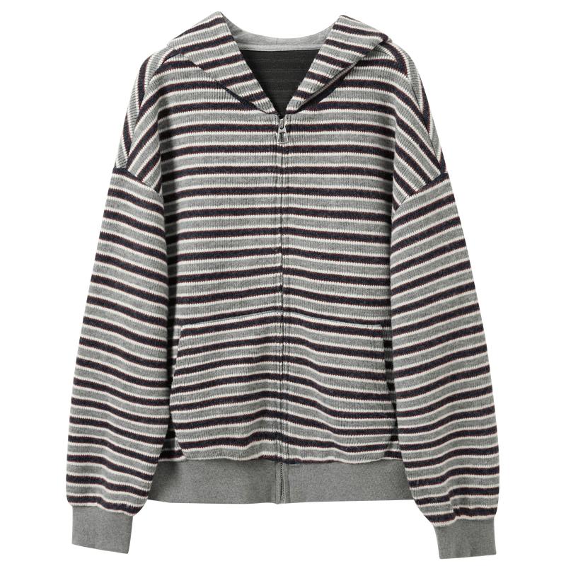Women s Striped Hooded Zipper Cardigan S