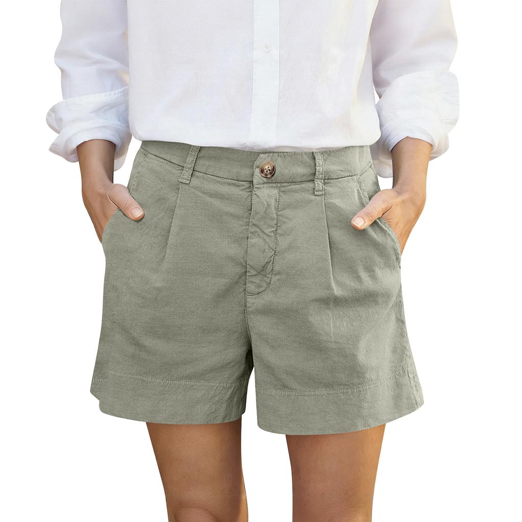 Women's Cotton And Linen Shorts, With Pockets, Button Closure, Business Casual .