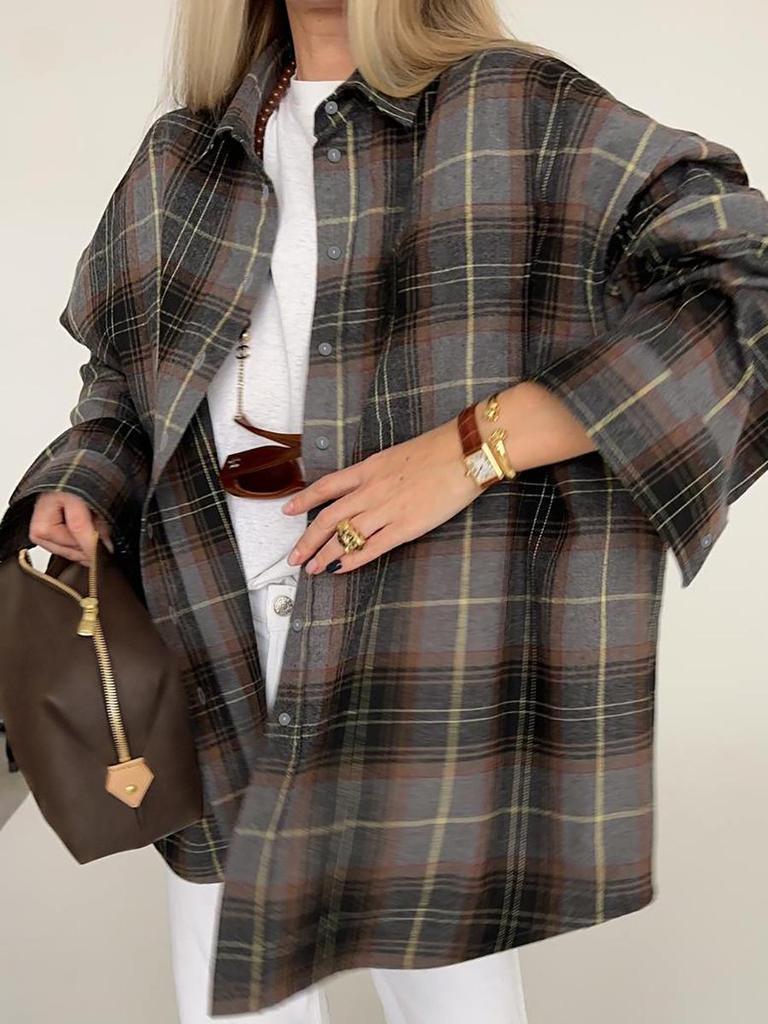 Vielseitige europäisch-amerikanische karierte Strickjacke mit Umlegekragen und langen Ärmeln für Frühling und Sommer