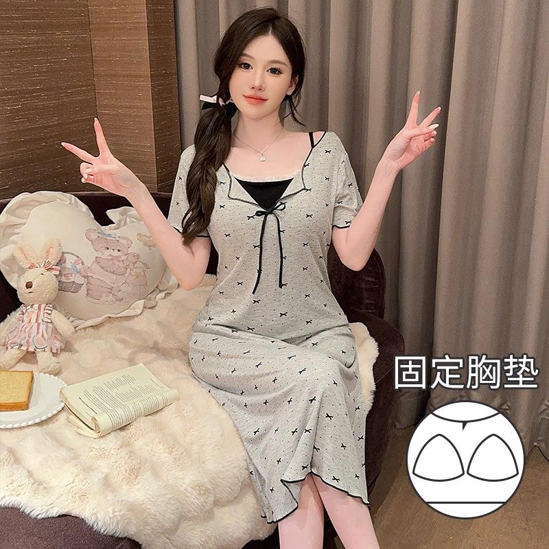 

Summer Ladies Cotton Modal Nightdress with Chest Pad Medium and Long Cute Pure Desire Short Sleeve Fake Two Loungewear L
