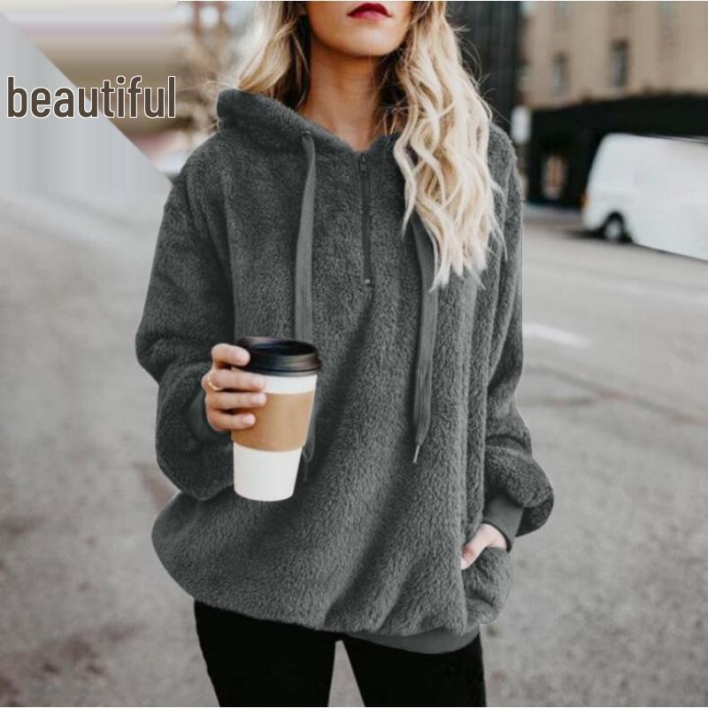 Women's Plush Hooded Fleece Pullover Sweatshirt - Long-Sleeved, Loose Fit, Autumn/Winter.
