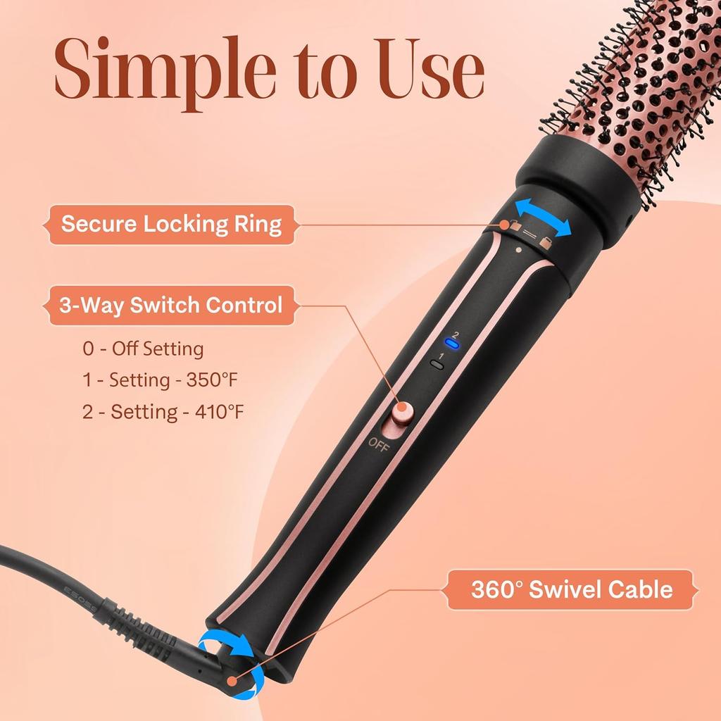 Heated Round Thermal Barrel Brush with Detachable Brush Head for Medium Curls, Loose Waves, and Volume - Travel-