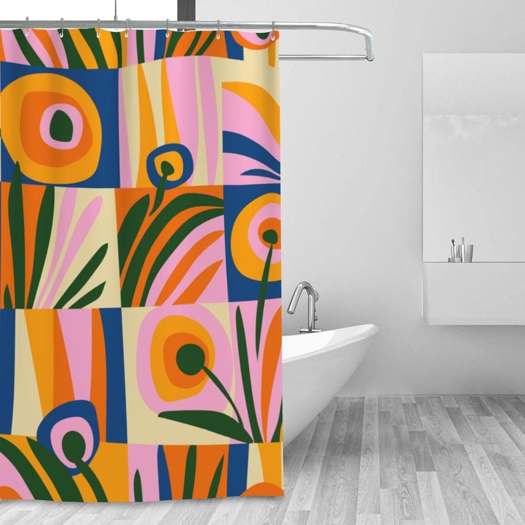 Abstract Geometric Boho Shower Curtains for Bathroom, Cute Blue and Green Floral Bathroom Shower Curtain, Vintage Bath Curtain