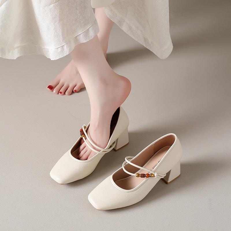 Retro Women s Shoes - New Style Low-cut Single Shoes with Thick Heels for Women 35 бежевый