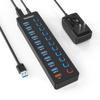 Vantisan USB-Hub mit Stromversorgung 10-Port-Erweiterung 1 Lade-USB 5 Gbit/s Datenexpansion mit unabhängigem AC-Adapter Kompatibel mit Pro und anderen Systemen