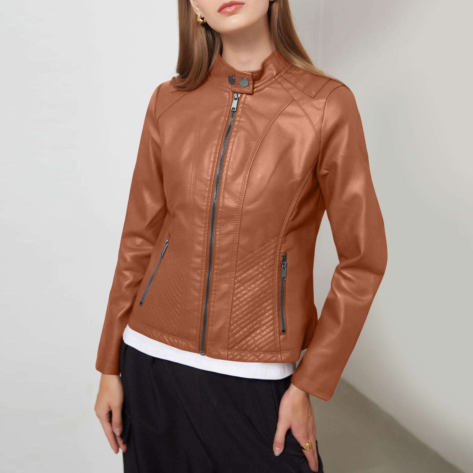 

Женская модная кожаная куртка, облегающее повседневное маленькое пальто, одежда для мотоциклистов M верблюд