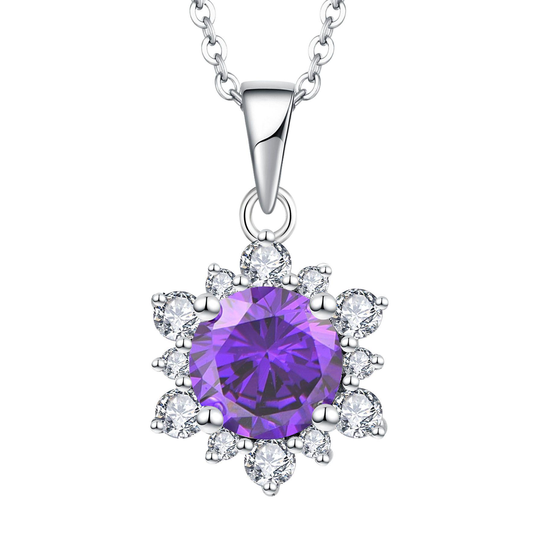 S925 Sterling Silver Women s Necklace with Zircon Flower Pendant - Elegant, Versatile Clavicle Chain Jewelry S925 Silver средний фиолетовый