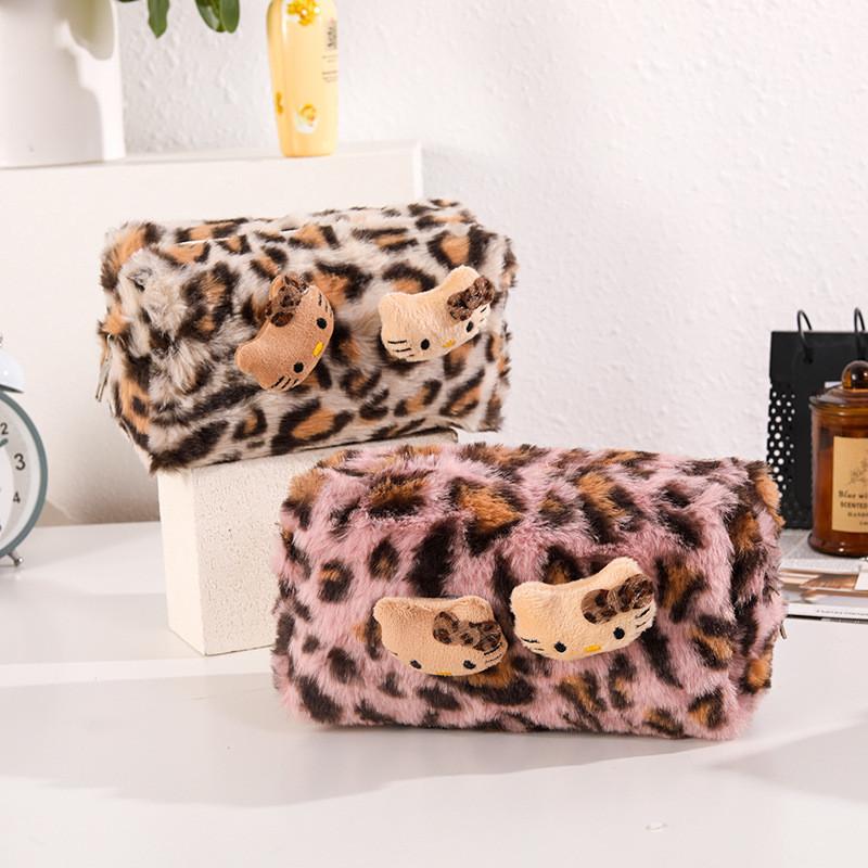 Pink Leopard Print Plush Makeup Bag With Large Capacity For Travel And Storage