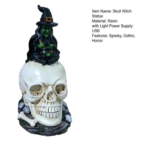 Halloween Skull Statue, Spooky Resin Witch Skull Figurine, Gothic Skeleton Sculpture for Shelf, Desk, Home, Office Decor