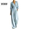 Everyday Wear Jumpsuit Women's Long Sleeve Jumpsuit, Deep V Neck Loose Wide Leg Plus Size Women Rompers, High Waist Summer Casual One Piece